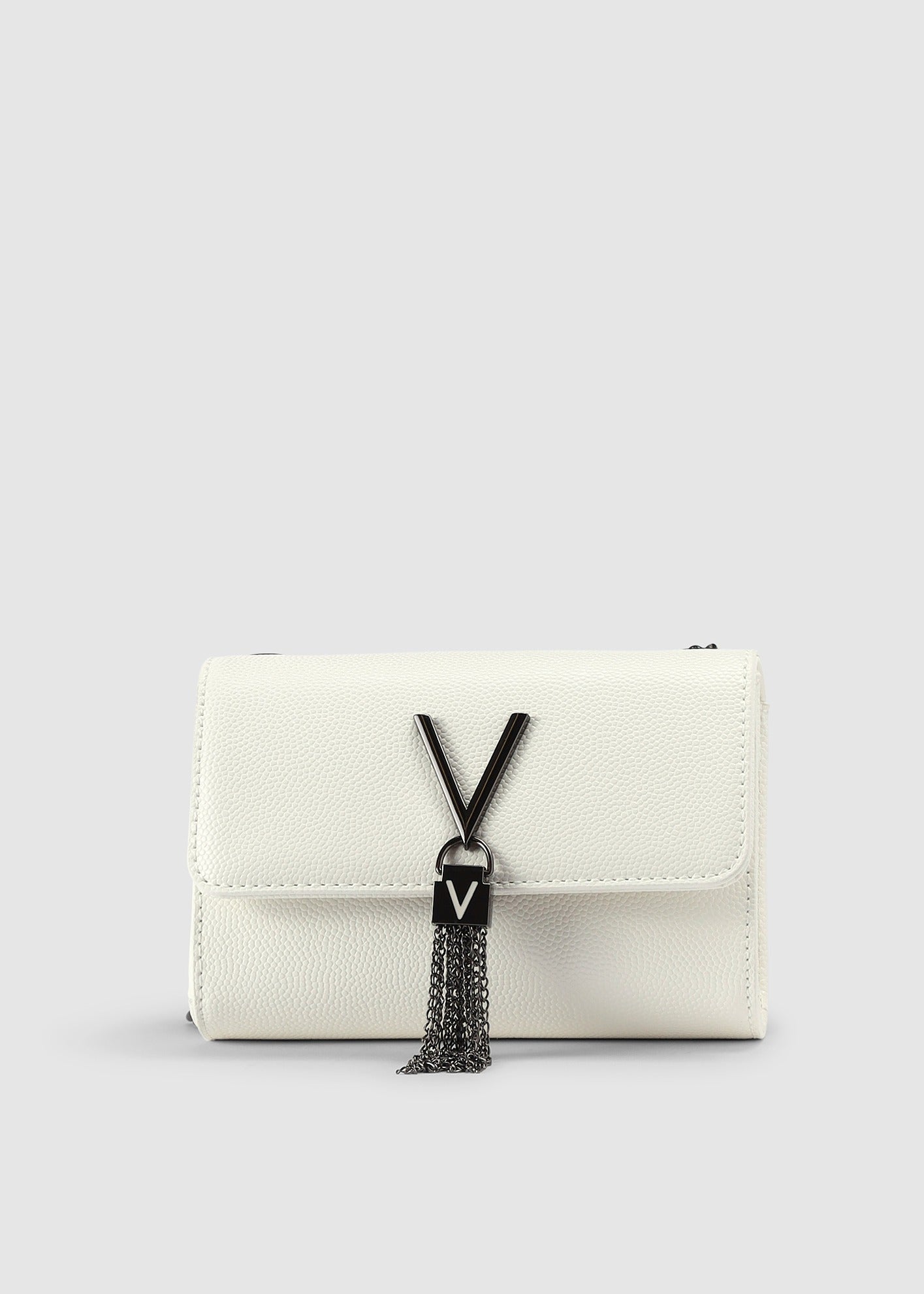 Valentino Bags Womens Divina Small Fold Over Clutch Bag With Chain Strap In Bianco/Gunmetal