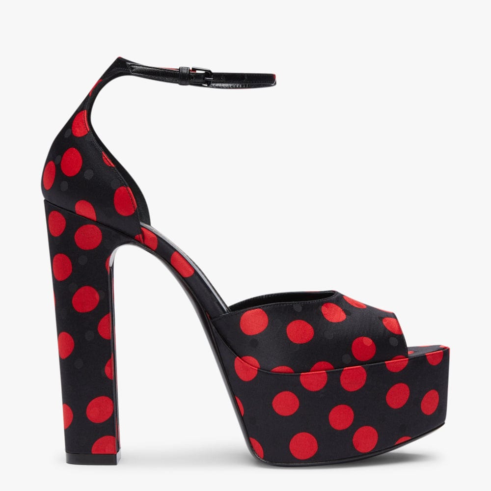 Image of Jodie Platform Sandal On 95Mm Heel In Black Duchesse Satin With Red Spots