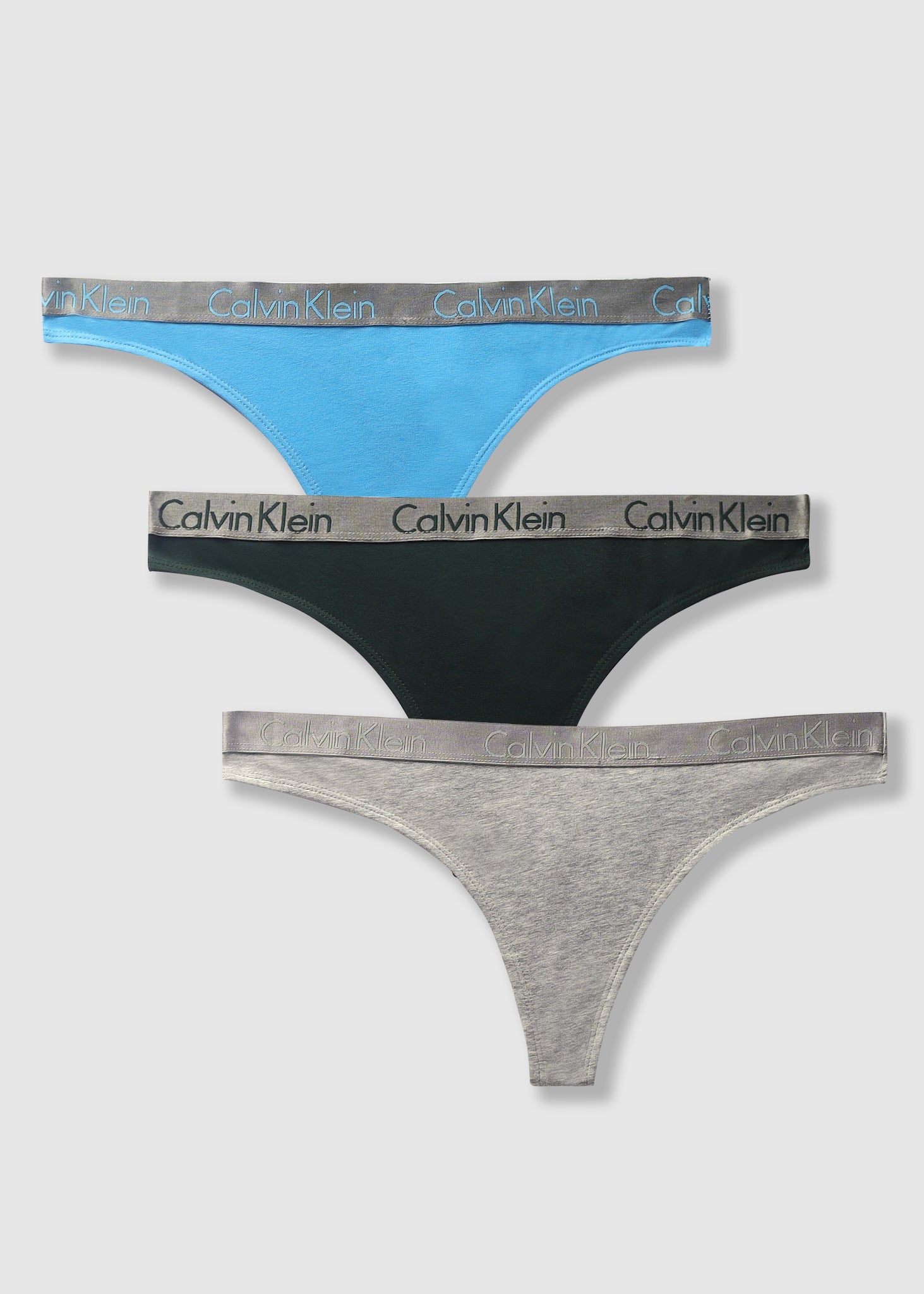 Image of Calvin Klein Womens Tonal Logo Tape Thong Underwear 3 Pack In Grey Hthr/Blue/Green