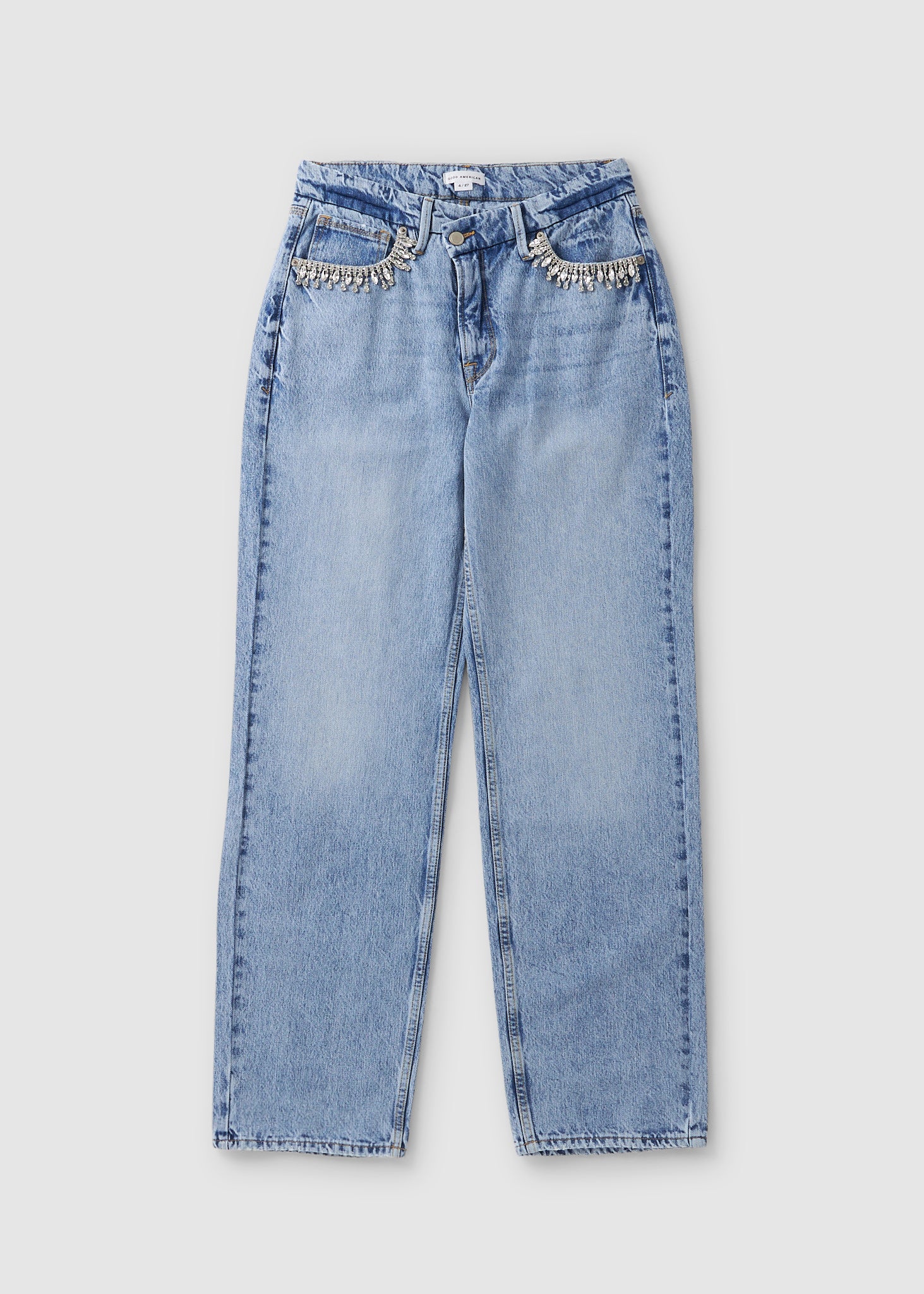 Image of Good American Womens Good 90's Crossover Jeans With Crystal Pockets In Indigo