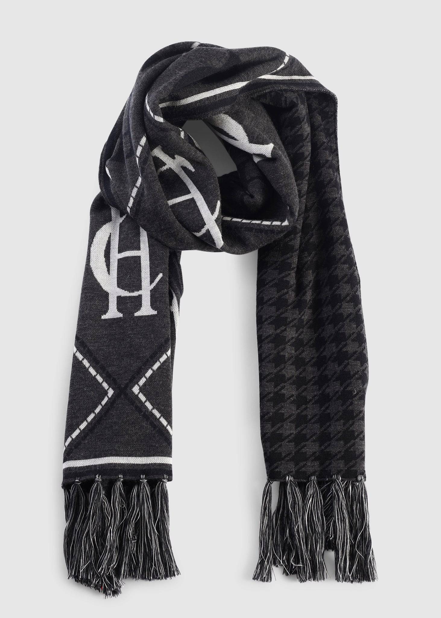 Image of Holland Cooper Womens Reversible Monogram Scarf In Charcoal Houndstooth