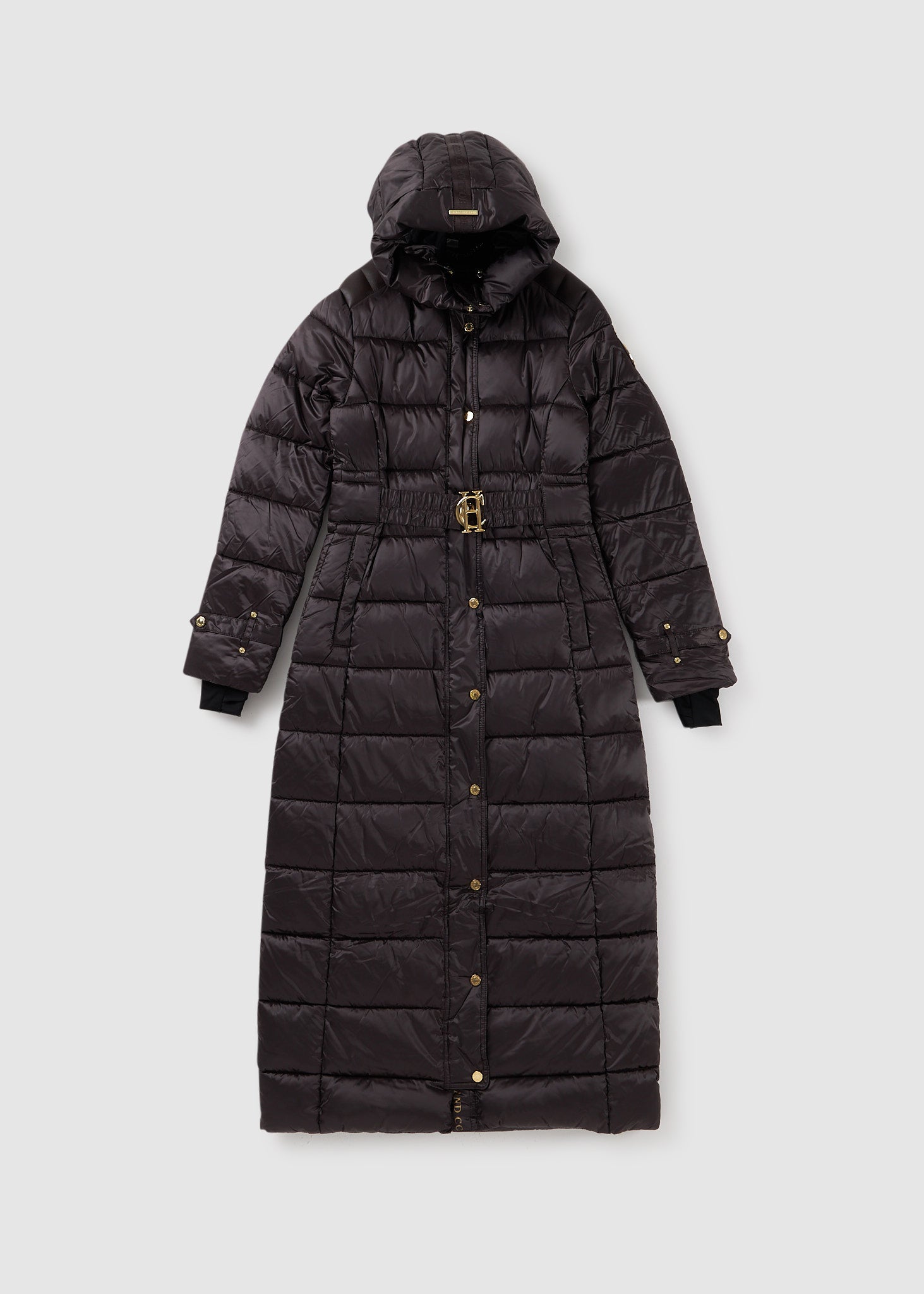 Image of Holland Cooper Womens Arosa Long Puffer Coat With Hood In Chocolate