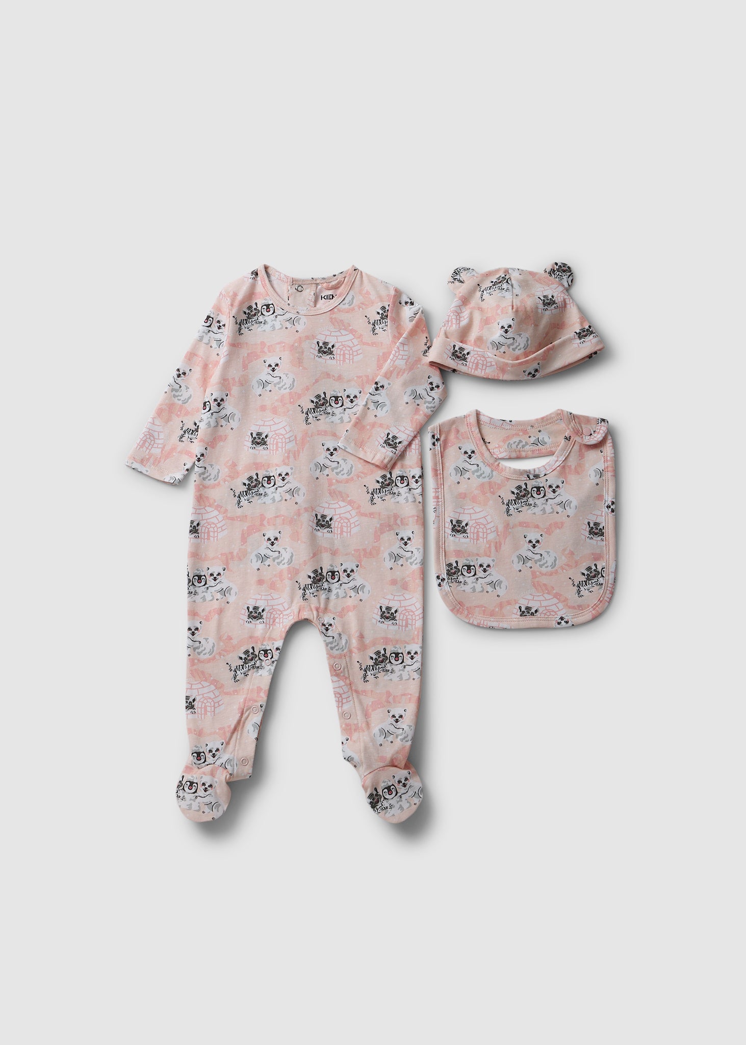 Image of Kenzo Kids Arctic Animals Hat, Bib & All In One Set In Pink Pale