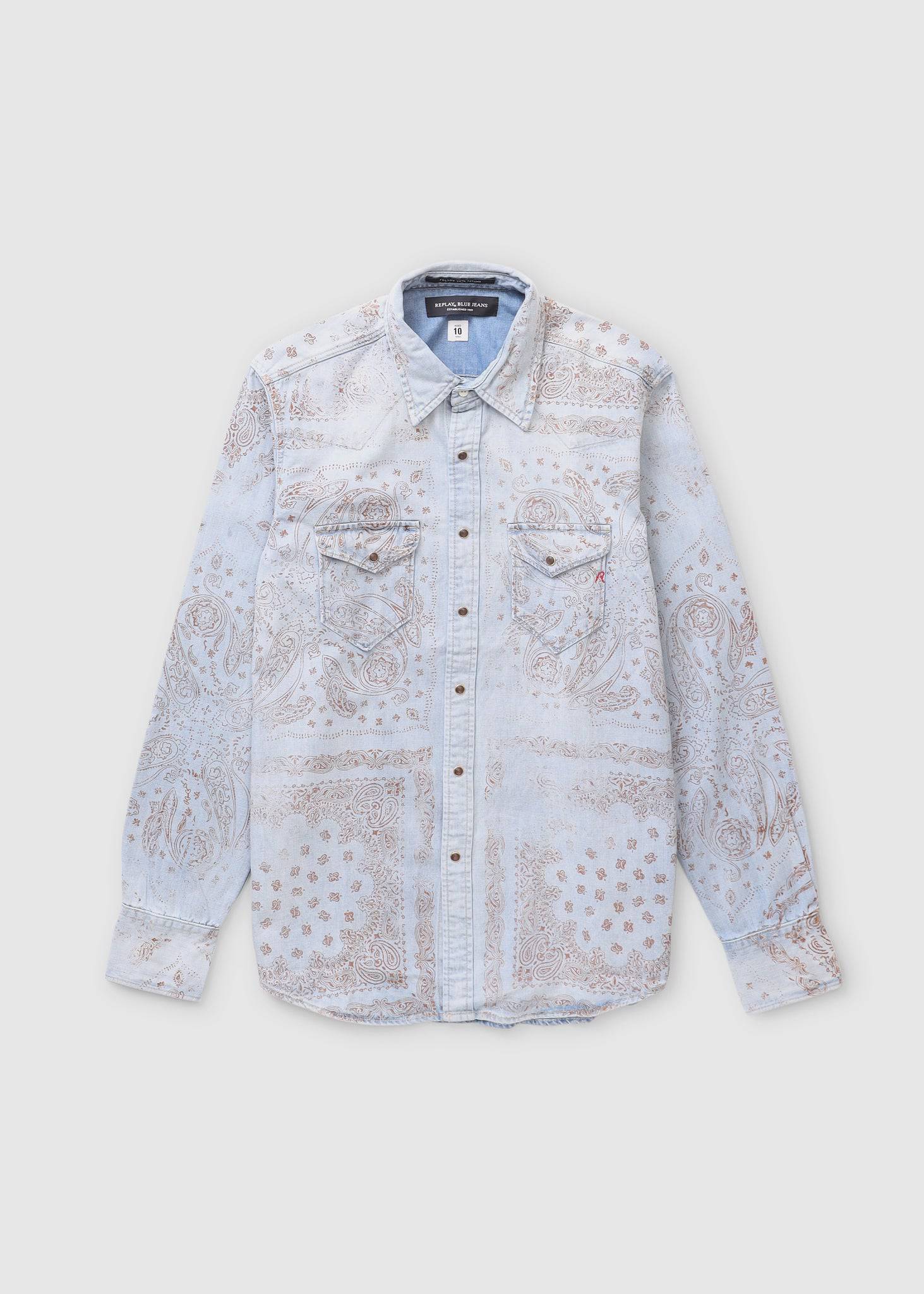 Image of Replay Mens Paisley Print Denim Western Shirt In Superlight Blue