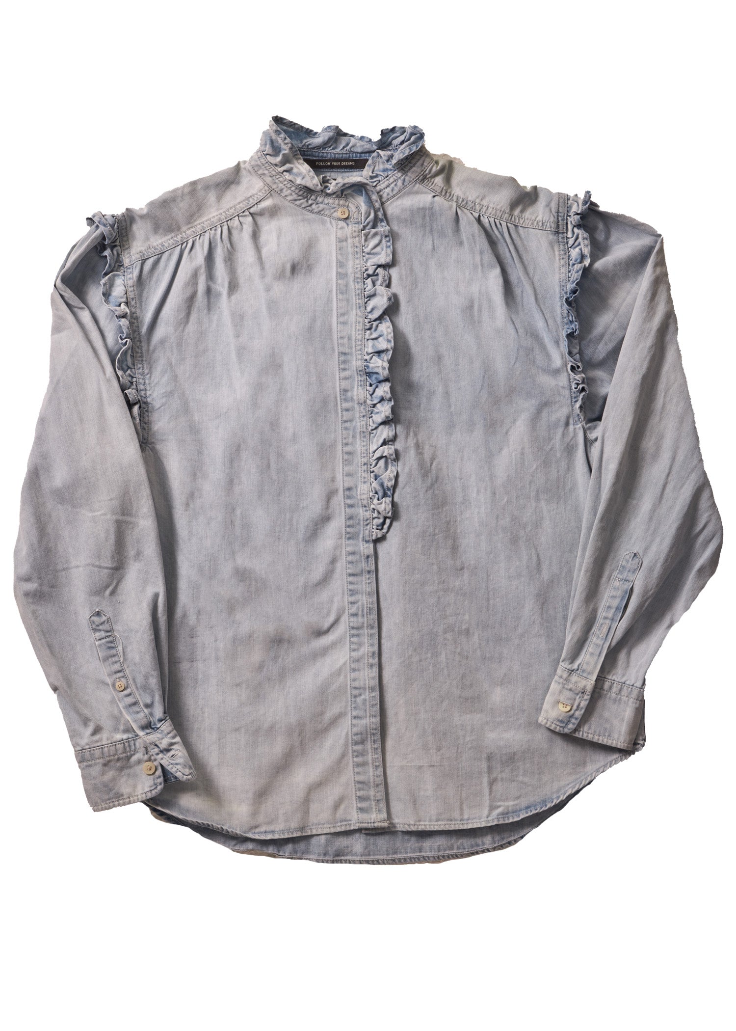 Image of Womens Replay Frill Detail Denim Top In Denim