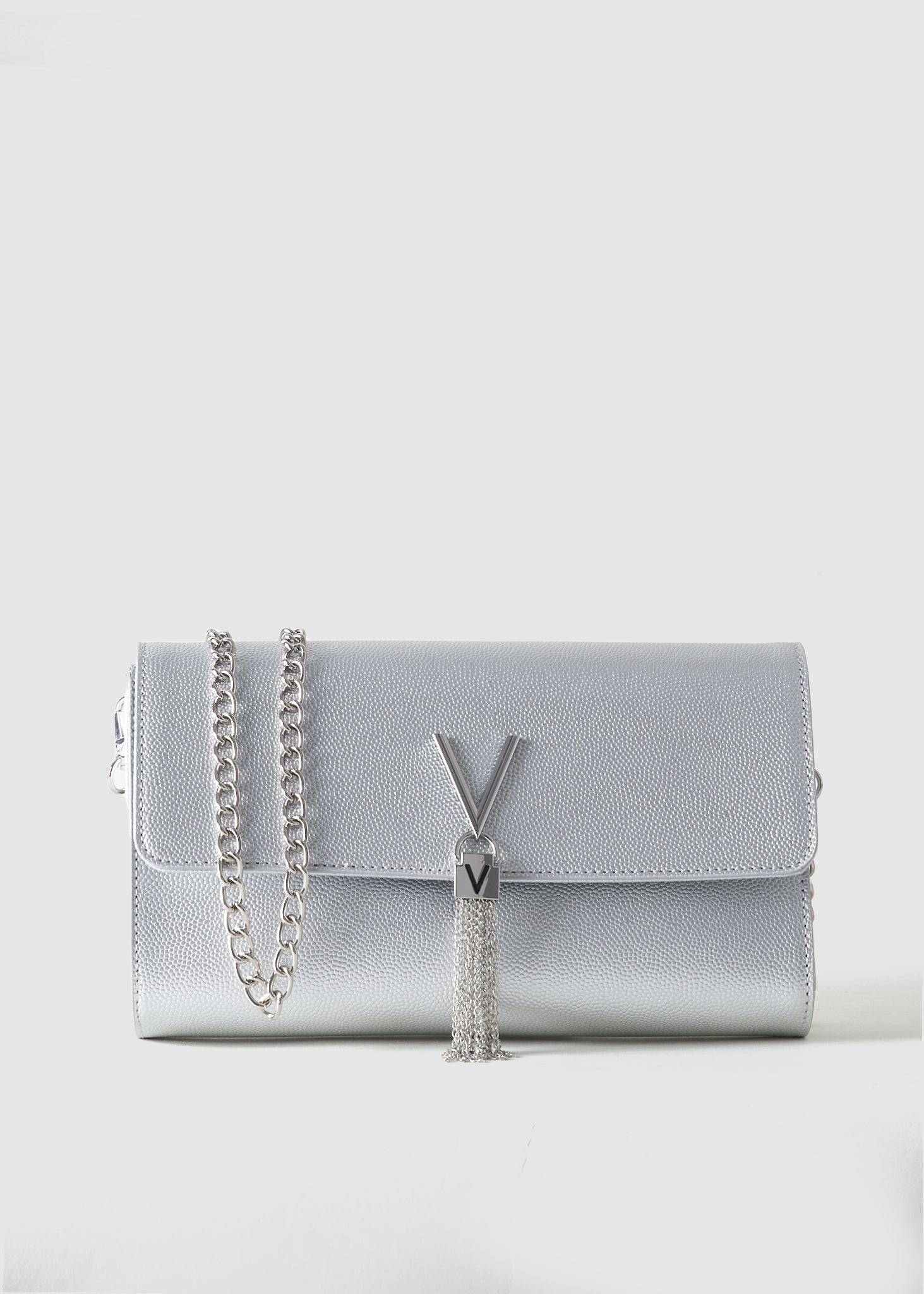 Image of Valentino Bags Womens Divina Fold Over Clutch Bag With Chain Strap In Argento
