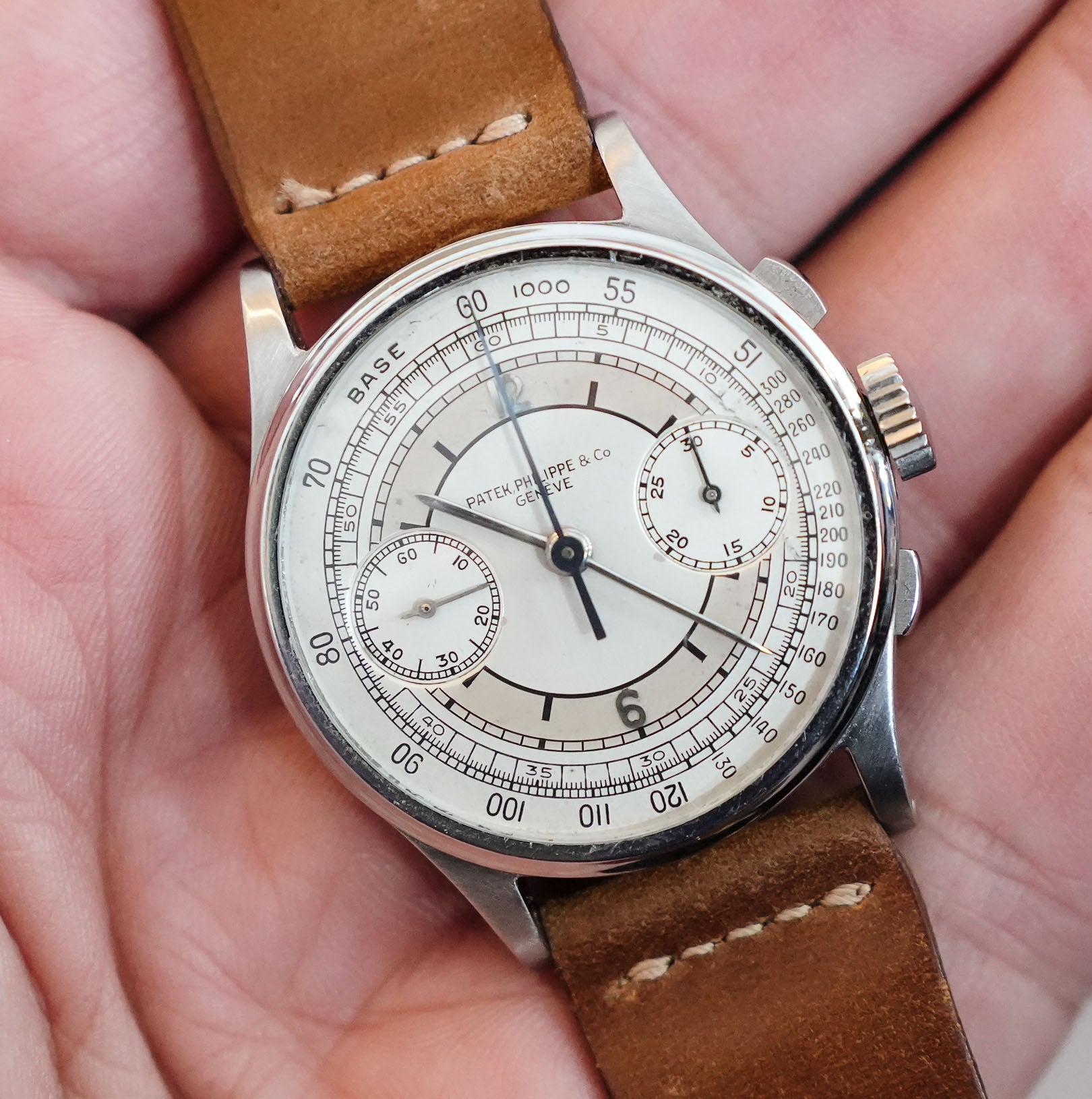 Rare Patek Philippe ref. 130 steel case Chronograph with 2-tone sector dial at Rolliefest 2023