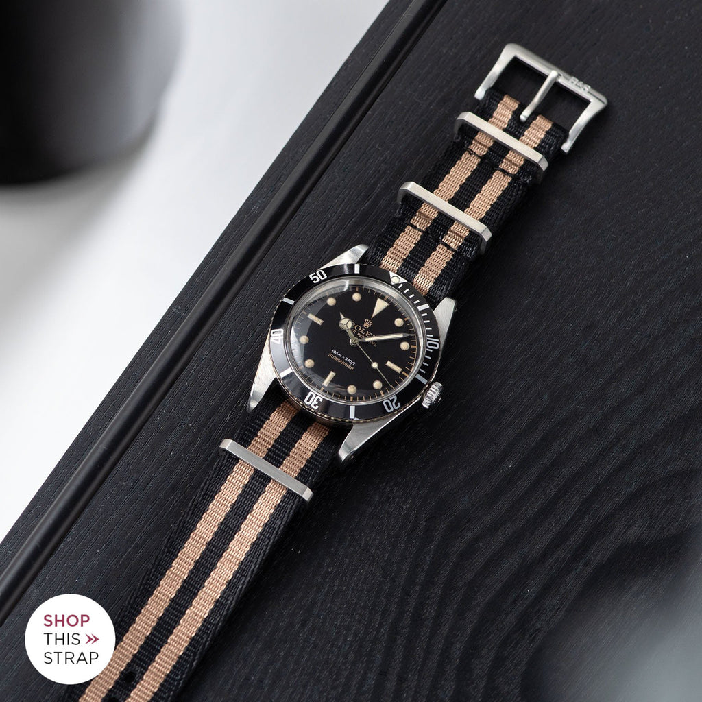 Deluxe Nylon Nato Watch Strap Black Two Stripe Bronze