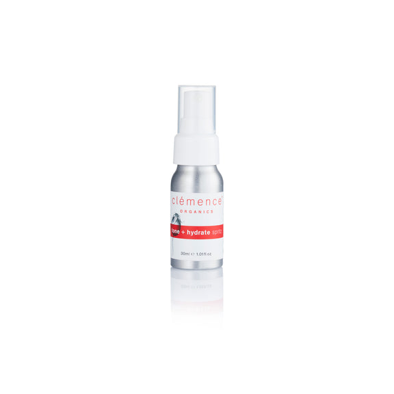 The Clémence Organics Tone + Hydrate Spritz 30ml spray bottle.