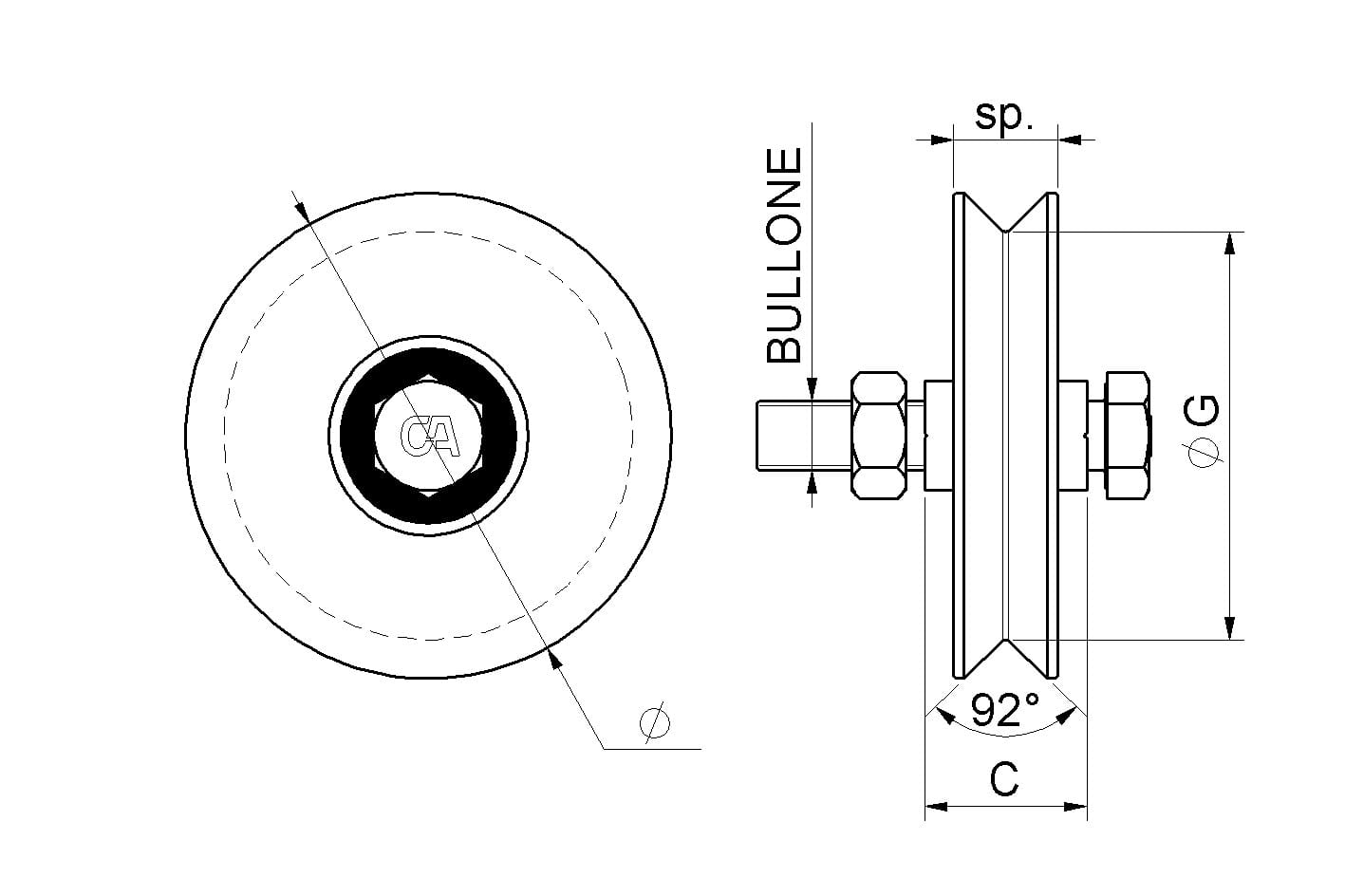 Ruota 1 Cuscinetto Gola V Nylon Bullone Inox 402nyix.100