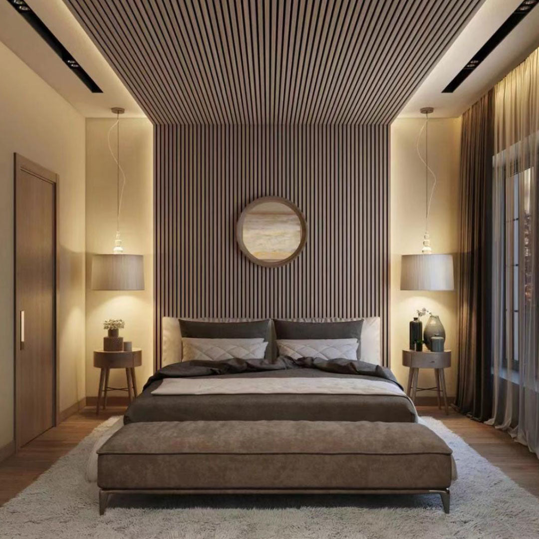 A bedroom with a slatted wooden feature wall