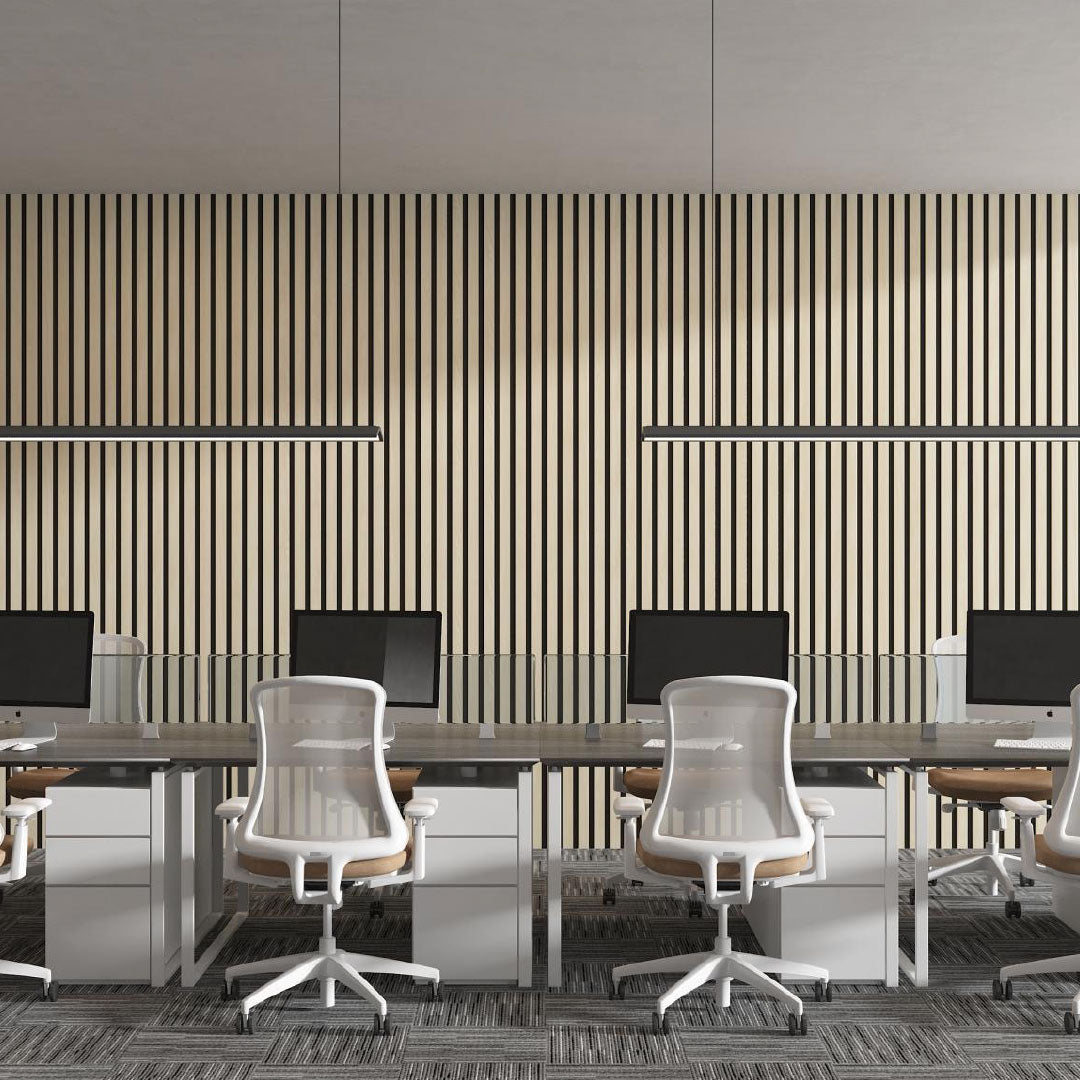 An office with a slatted wooden feature wall