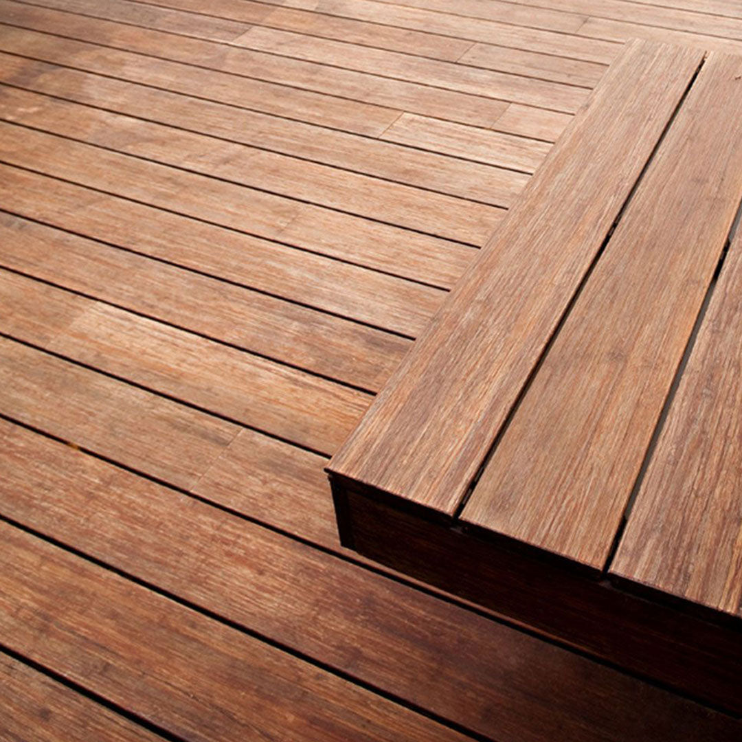 Close up of bamboo bench and decking