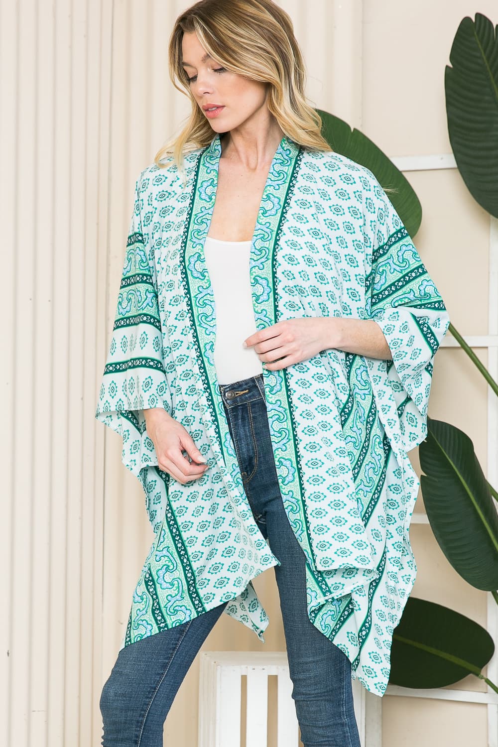 Justin Taylor Printed Open Front Slit Cardigan in Green (8056781832445)