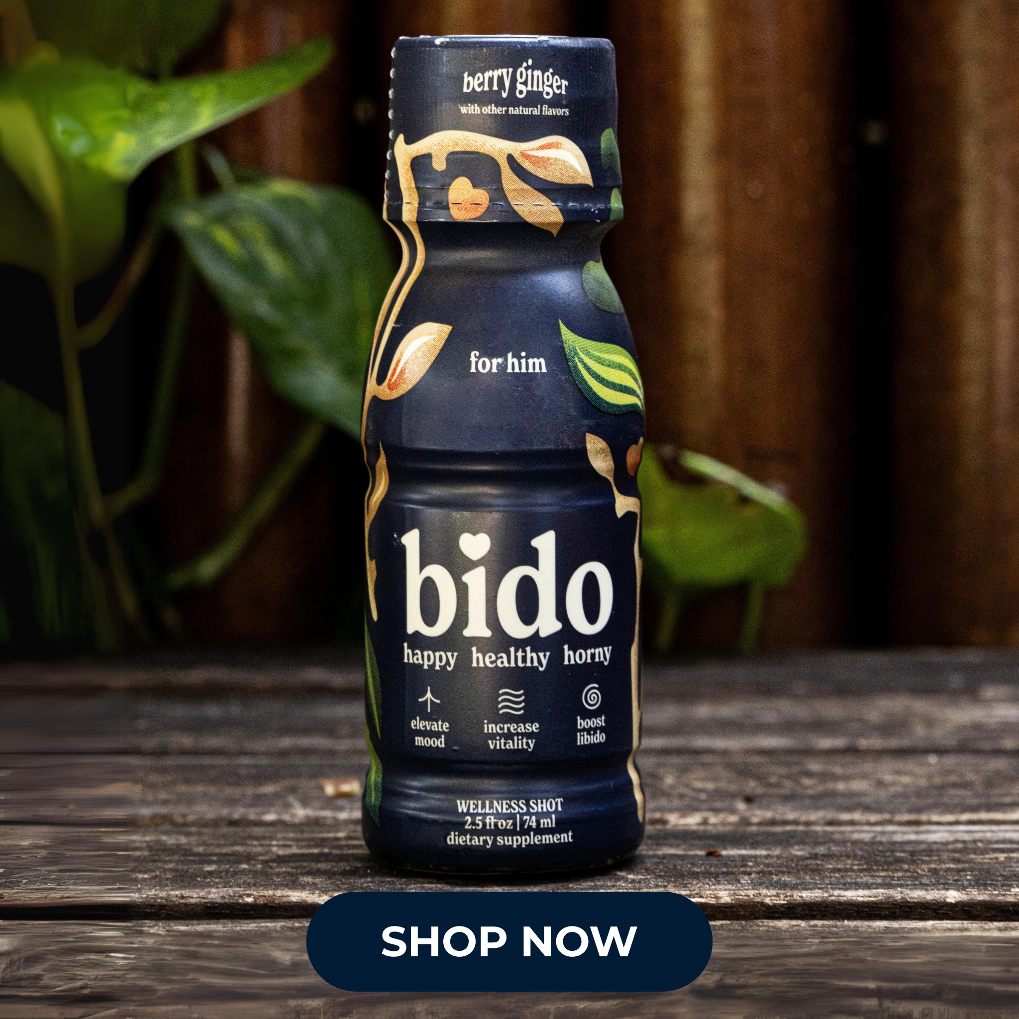 A bottle of 'bido' wellness shot on a wooden surface with a 'Shop Now' button.