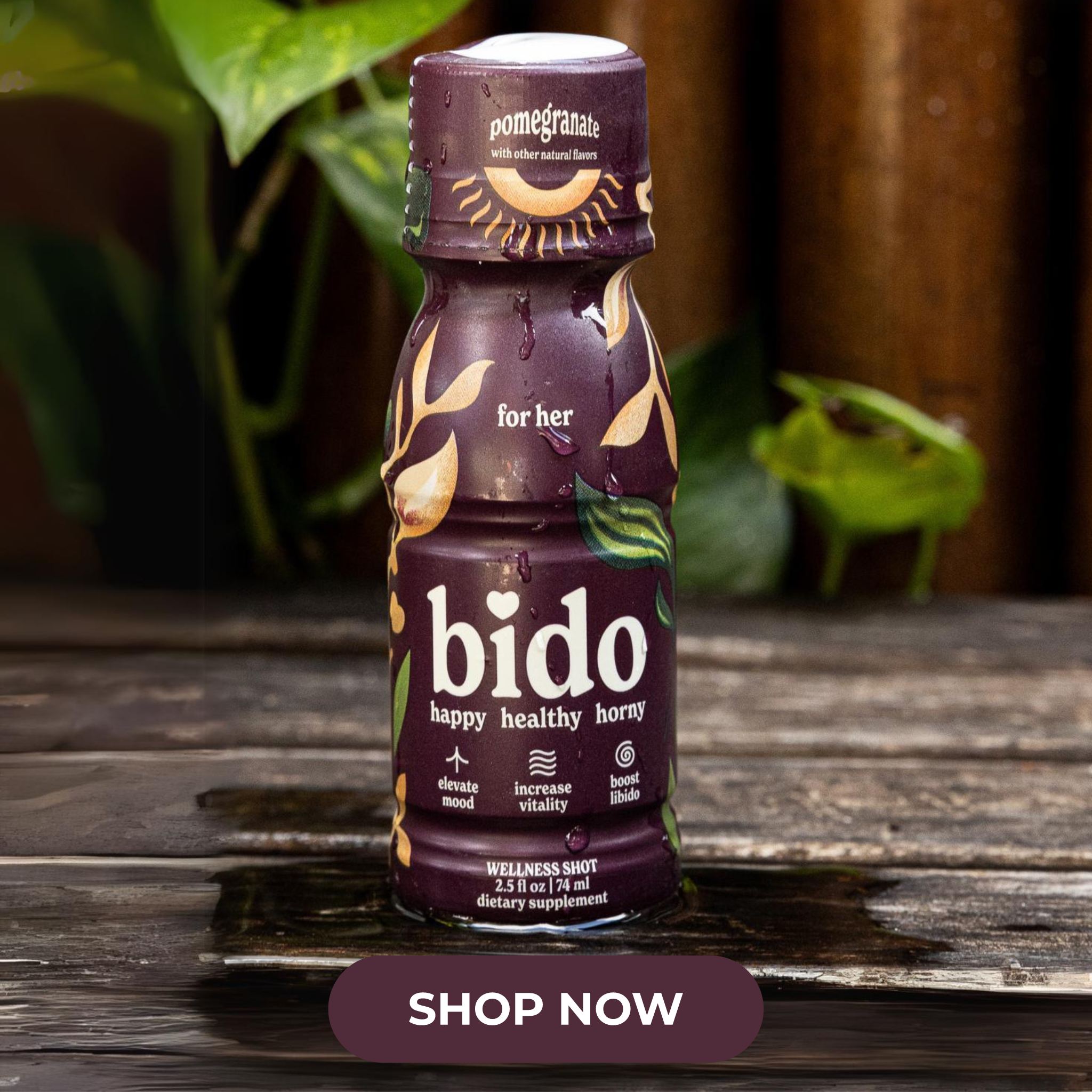 'Bottle of Bido wellness shot on wooden surface with green foliage in background.'