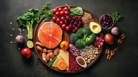 A balanced plate of foods rich in omega-3 fatty acids, whole grains, colorful vegetables, and healthy fats.