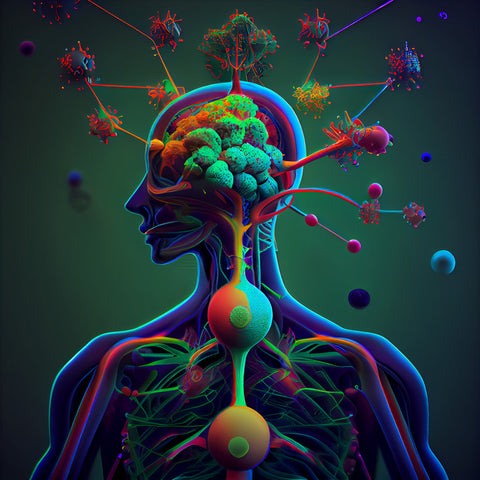 An artistic rendering of the brain's neurotransmitters, including dopamine, serotonin, oxytocin, endorphins, and endocannabinoids.