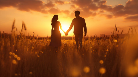 Couple holding hands in a field at sunset embracing human connection