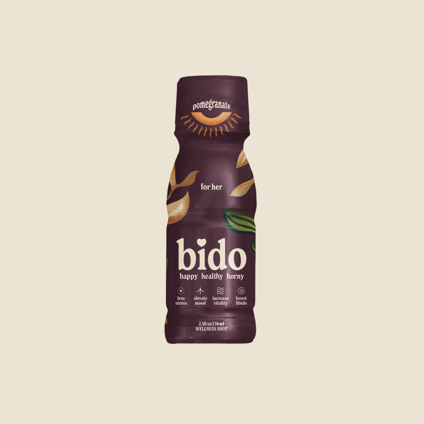 A bottle of 'bido' pomegranate-flavored wellness shot for women.