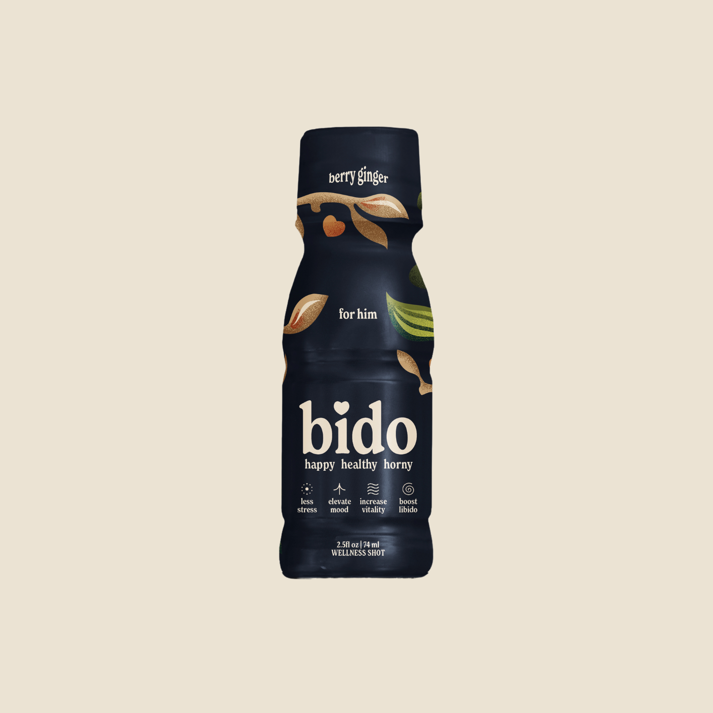A bottle of 'bido' wellness shot with berry ginger flavor for men.