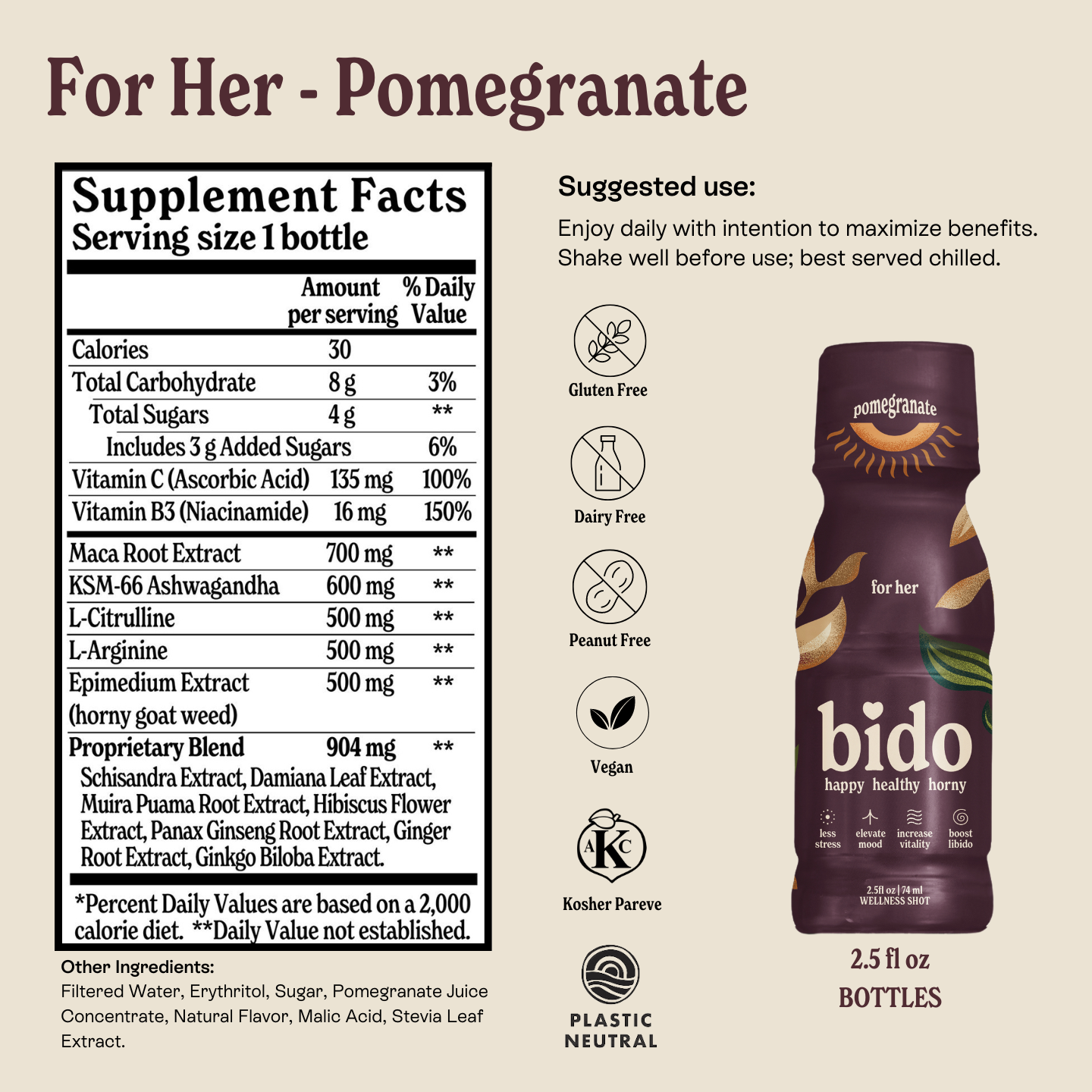 Image of a pomegranate supplement bottle label with nutrition facts and dietary icons.