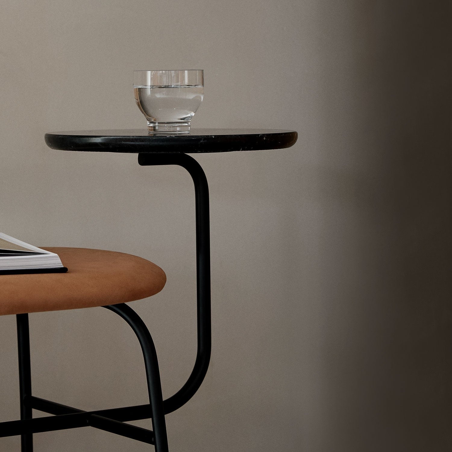 menu | afteroom bench | cognac leather + marquina marble side table