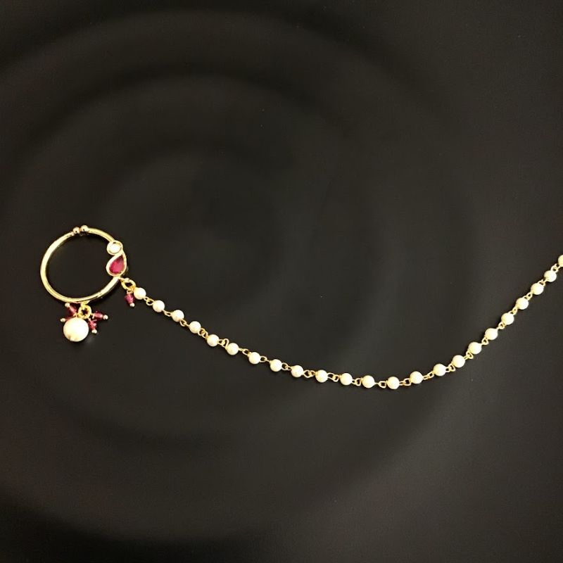 Small Kundan Ruby Nath with Pearl Chain