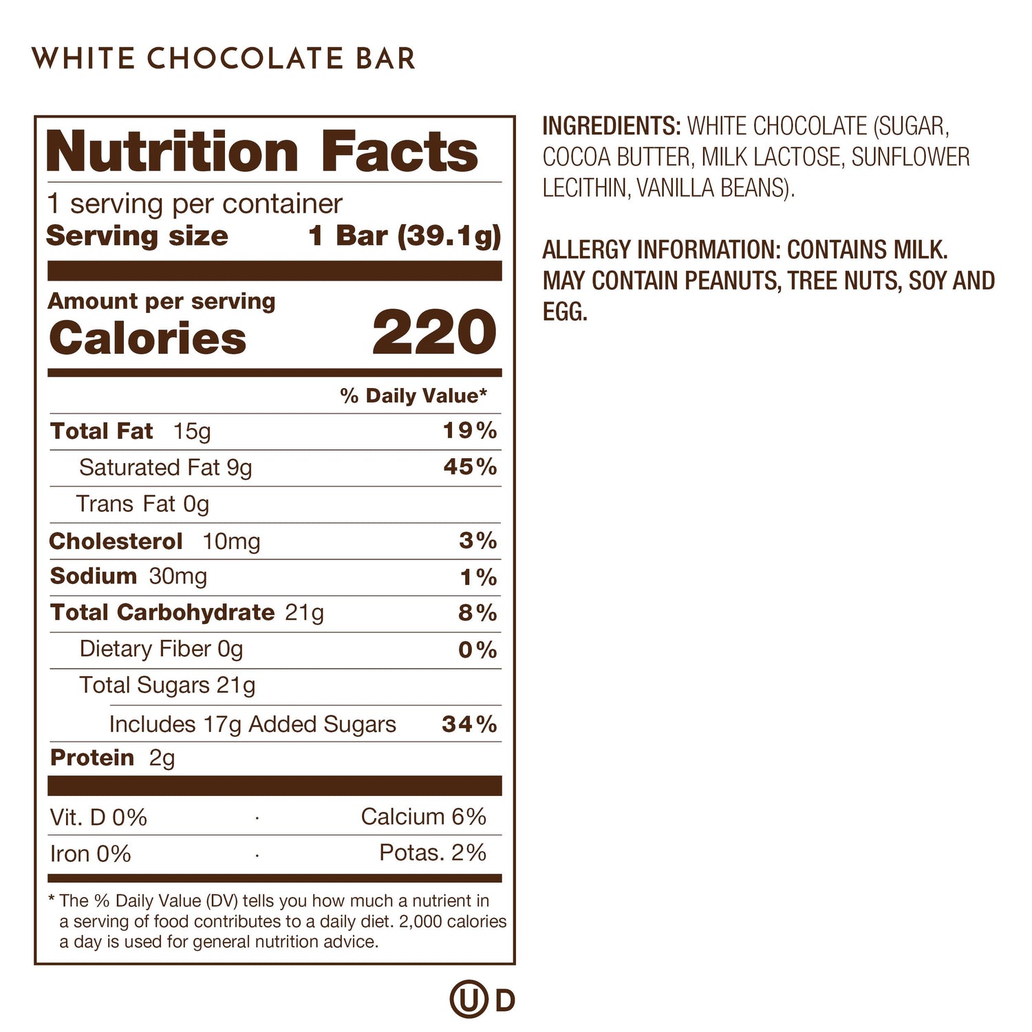 Ethel M Chocolates White Chocolate Nutritional Label