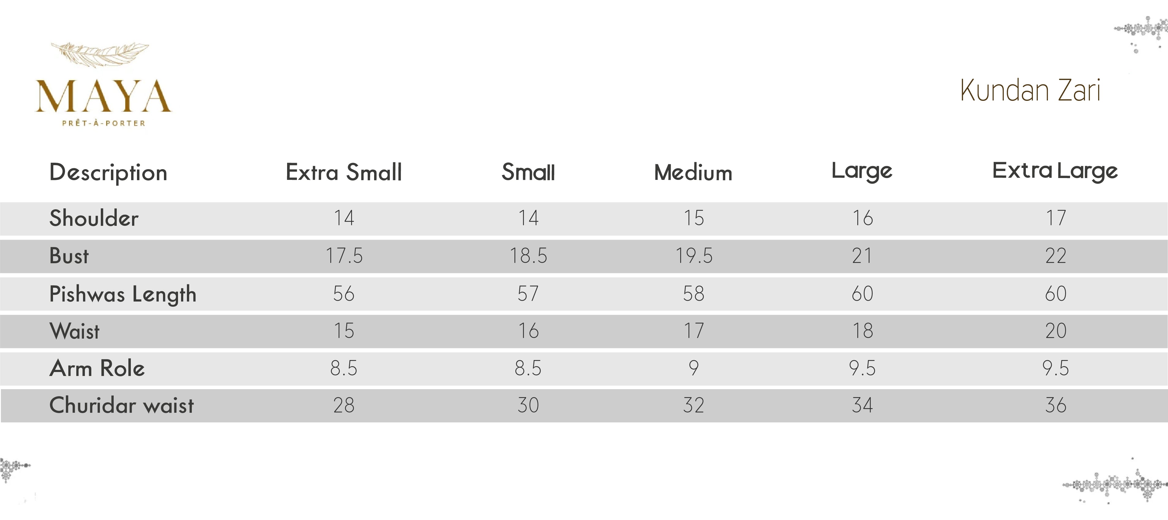 Maya Size Chart