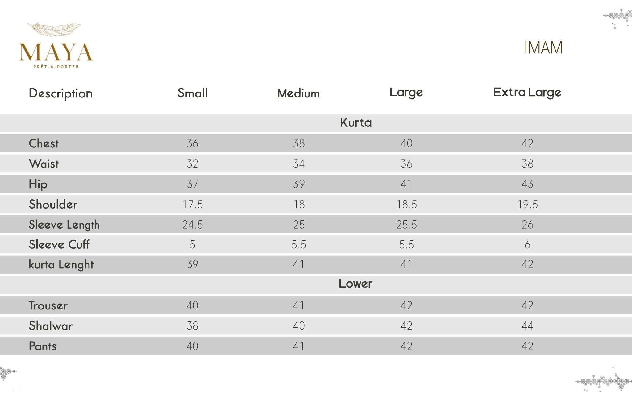 imam size chart