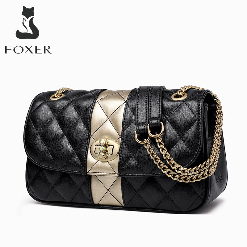Foxer Leather Handbags for Women, Cow Leather Lock Chain Pattern Ladies Women's Designer Tote Bag with Adjustable Shoulder Strap Top Handle Bag