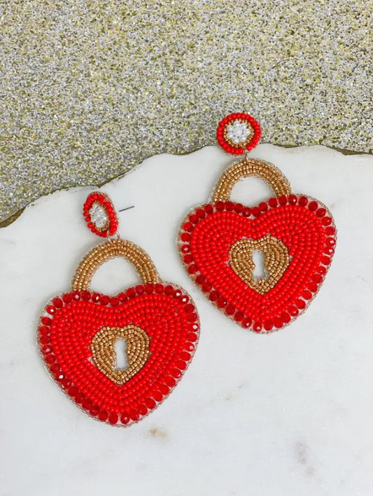 Heiheiup Valentine's Day Red Hollowed Out Hearts Strung Together Earrings  Double Sided Wooden Earrings Valentines Earrings Beaded 