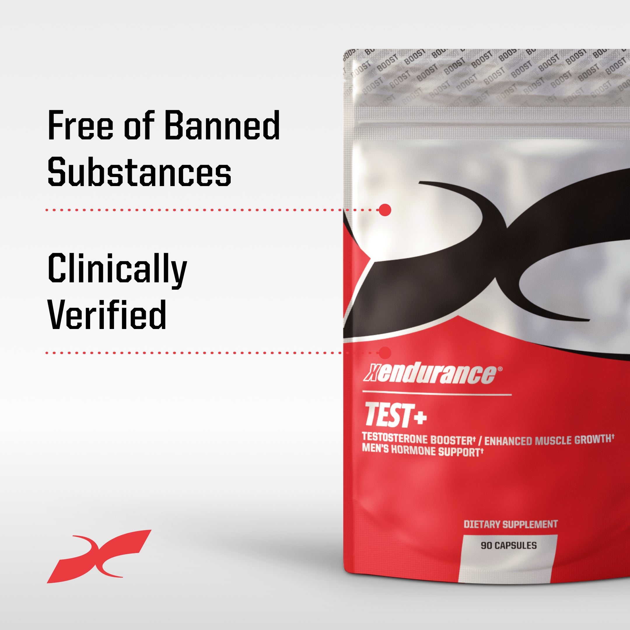Supplement packaging with phrases: 'Free of Banned Substances' and 'Clinically Verified.'