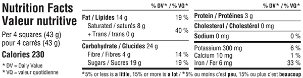 Belgian Dark Chocolate Bar 300g Nutrition Facts Table Image