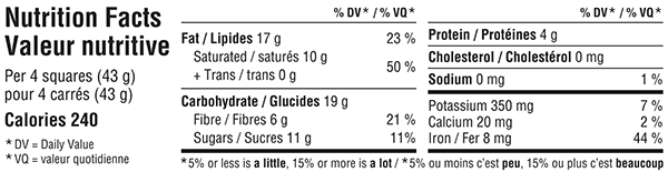 Belgian Extra Dark Chocolate Bar 300g Nutrition Facts Table Image