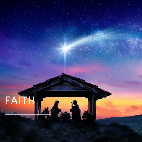 Faith, one of 10 powerful spiritual words that appear in front of a starry night sky with a beautiful sunset scenery.