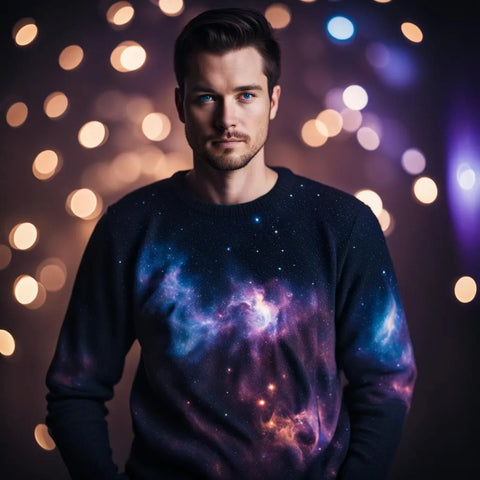 A man wearing a dark nebula sweater for expressing his spiritual fashion.