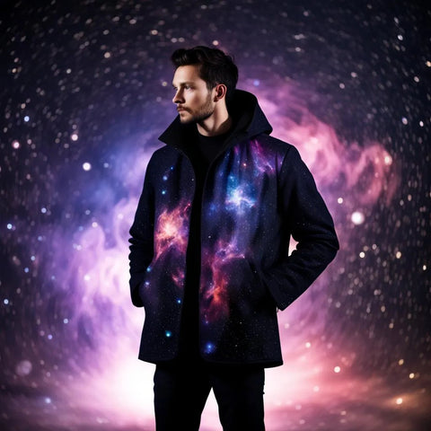 A man wearing a dark nebula winter coat for spiritual fashion expression
