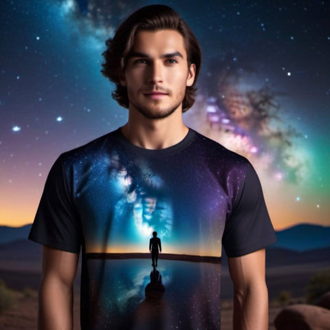 A man wearing a starry nebula t-shirt with a person in the middle of it to represent spiritual maturity.