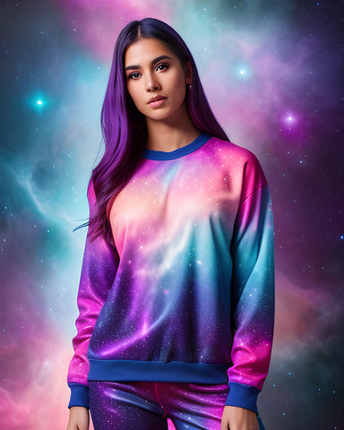 A woman showing mature humility from her spiritual growth while wearing a  vibrant nebula outfit.