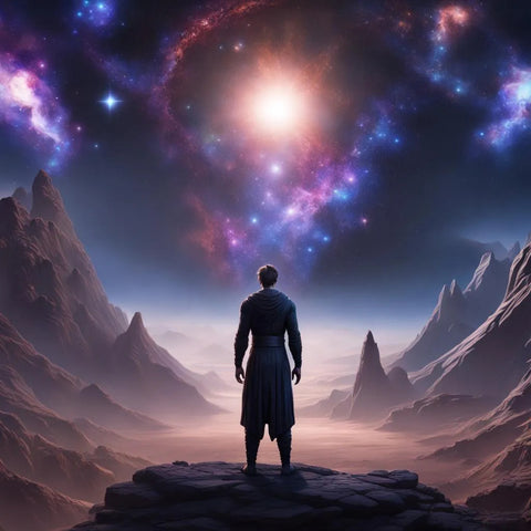A man facing towards the nebula sky and working on practicing mindfulness.