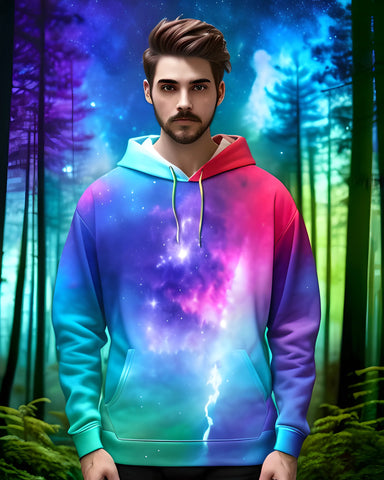 A man wearing a vibrant nebula hoodie while standing in a forest. He is immersing in the spiritual energy around him.