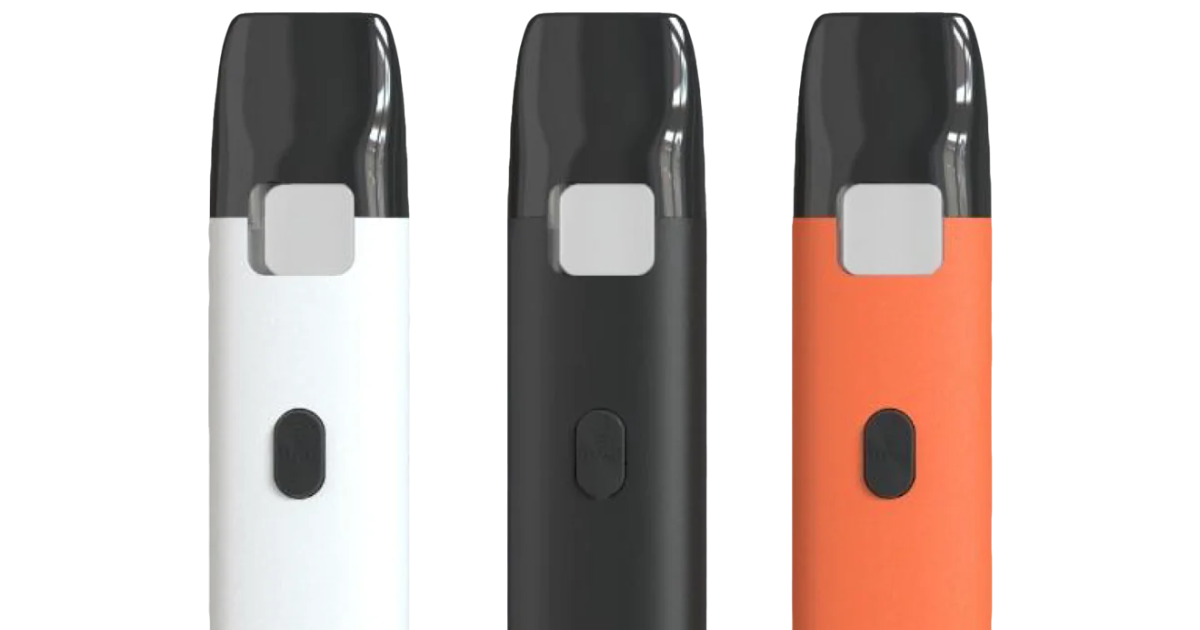 A lineup of a white, black, and orange BlazeMate vape pens.