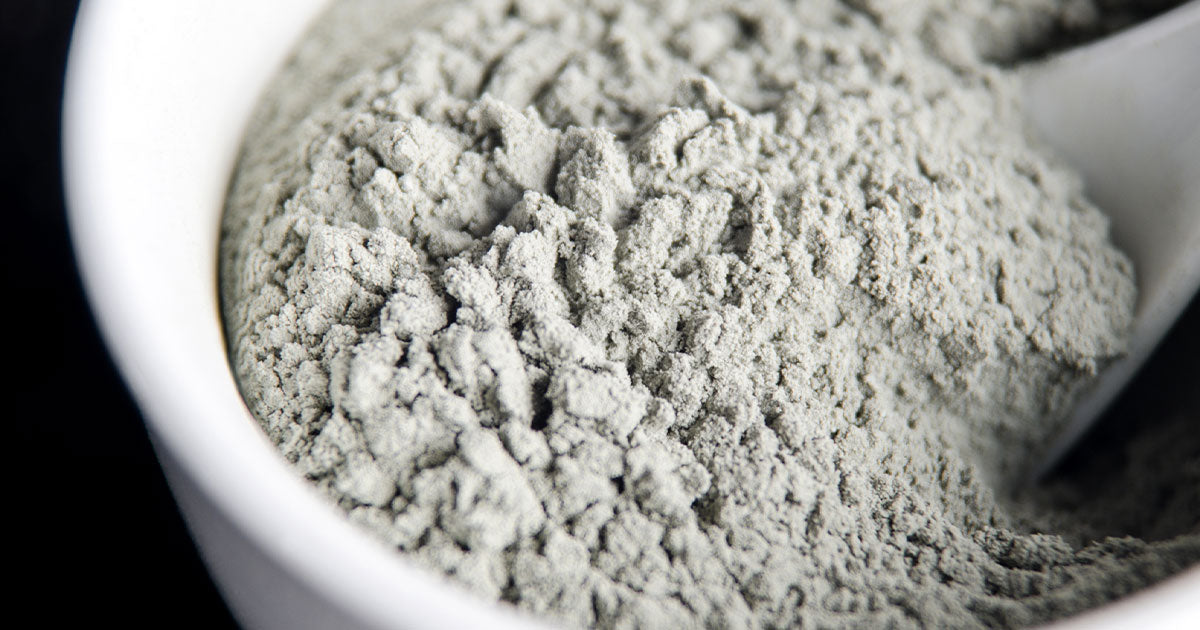 Gray bentonite clay powder in white bowl