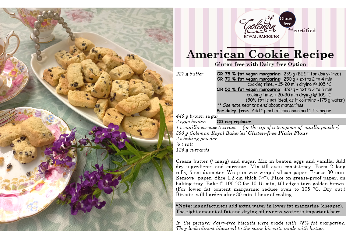 Gluten-free biscuit recipe with dairy-free option (American cookies). By Coleman Royal Bakeries
