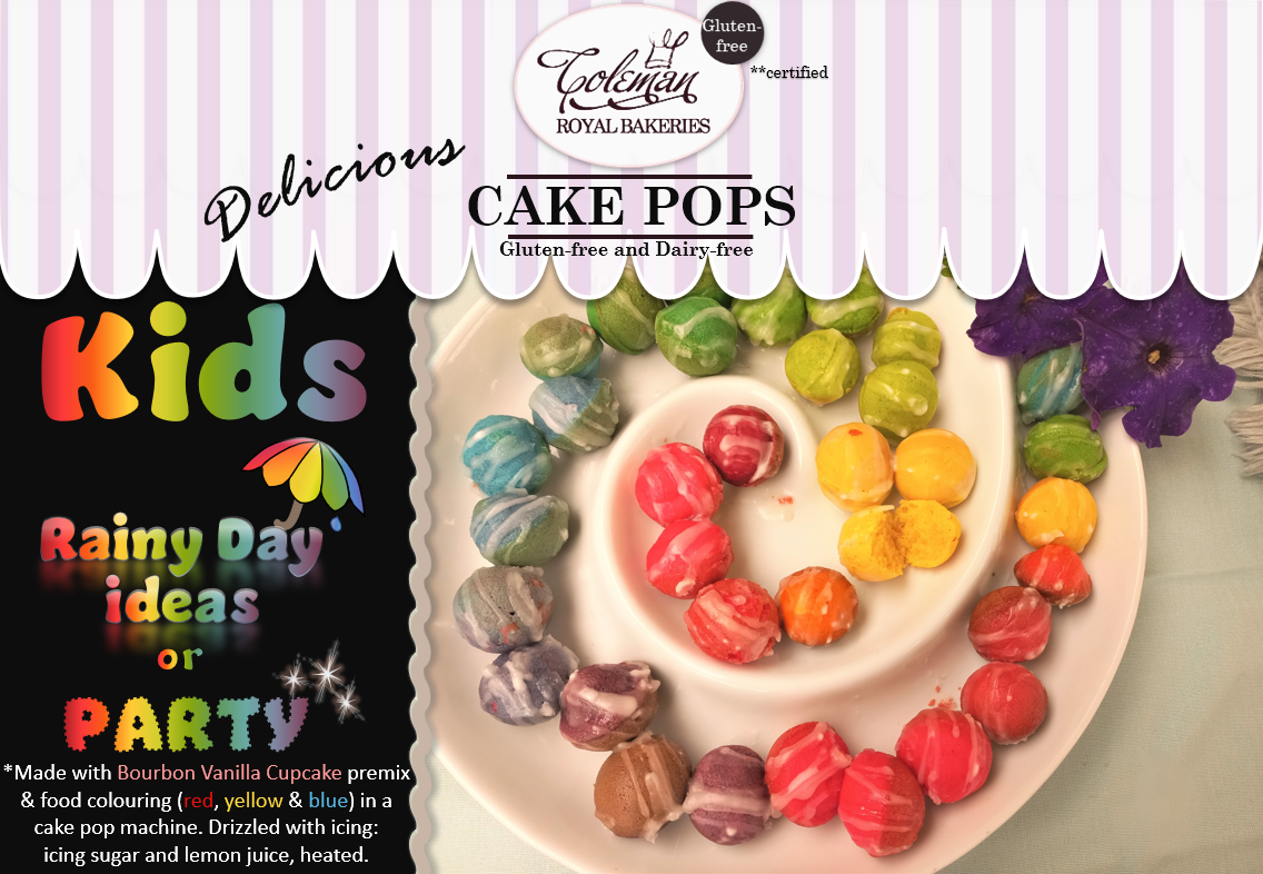 Gluten-free cake pops using our Bourbon Vanilla Cupcakes premix and food colouring. A how-to guide, related to kids parties/party-food and rainy day activities for children. By Coleman Royal Bakeries