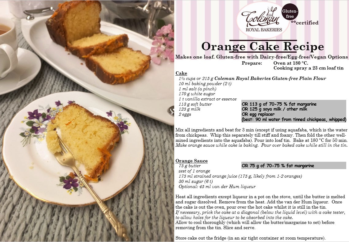 Gluten-free orange cake made with Coleman Royal Bakeries Gluten-free plain flour.  Recipe is A4 printable.