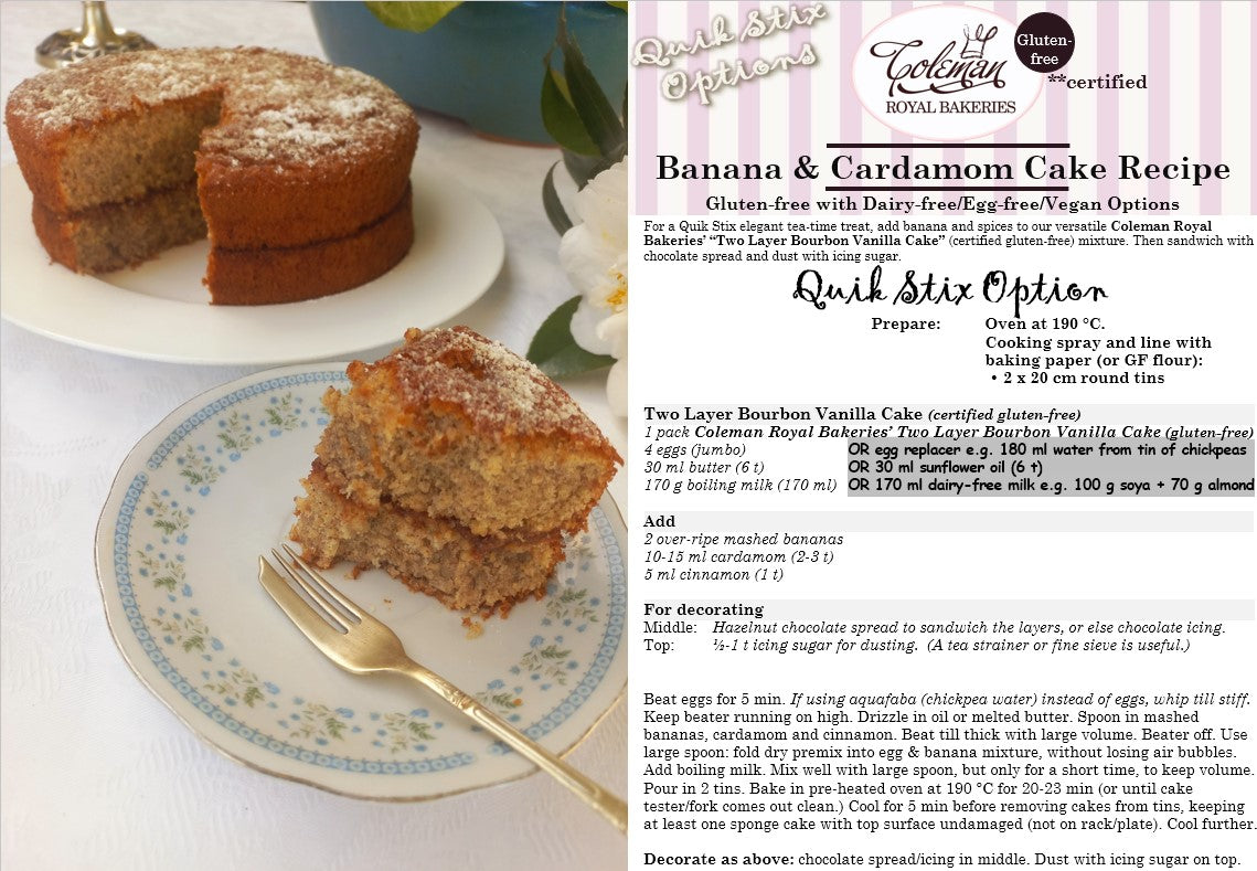 Banana and Cardamom Cake, gluten-free recipe with dairy-free, eggless and vegan options, made with Coleman Royal Bakeries' Bourbon Vanilla Cake premix, which makes two layers.