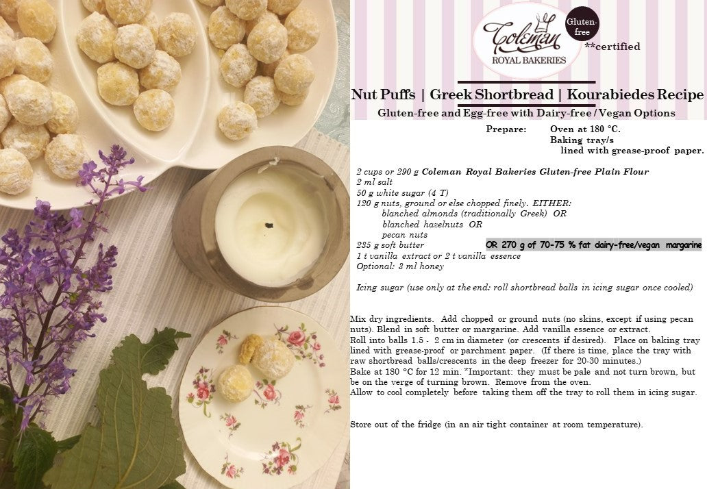 Coleman Royal Bakeries gluten-free recipe for Gluten-free Greek Shortbread or Gluten-free Kourabiedes or Gluten-free Nut Puffs.  Made with Coleman Royal Bakeries Gluten-free Plain Flour.